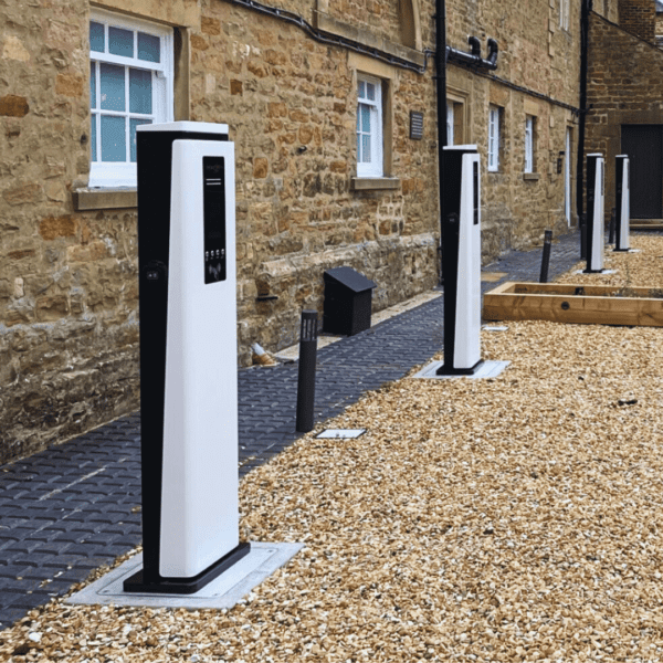 a series of B600 EV Blocks installed with EV Chargers mounted on top - EV Charger Installation Base