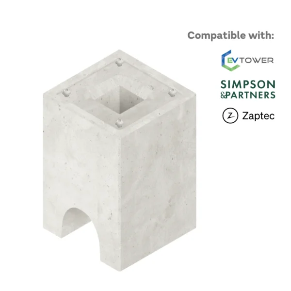 EV Block Mini is compatible with the EV Tower Pedestal, Simpson & Partners Business Series and Zaptec