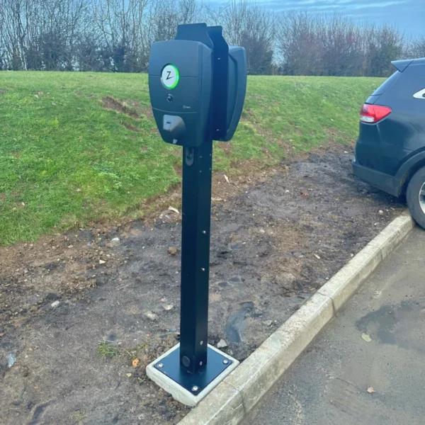 Zaptec EV Charger secured to the EV Tower Pedestal mounted, to the EV Block Mini